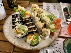 1 of 2 plates of Zestaw 5, which includes 45 pieces of sushi. 149 zł total for both plates   at Vegan Sushi Bar in Warsaw