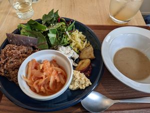 Rice set special of the day. Soymeat in tomato sauce, pickled cabbage, sweet potato etc with a small soup.
 at B To Go in Tokyo