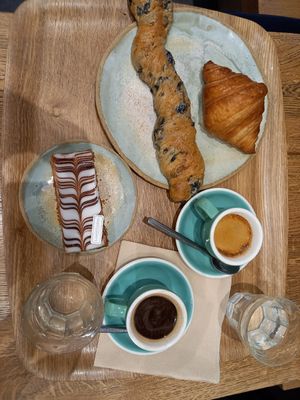 Mille-feuille, olive bread stick, croissant, coffee at Land & Monkeys - Roquette in Paris