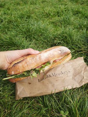 Baguette with vegan Camembert at Land & Monkeys - Roquette in Paris