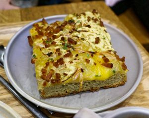 Lardon/Onion Focaccia at Land & Monkeys - Roquette in Paris