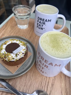 Pistachio tart and matcha  at Land & Monkeys - Roquette in Paris