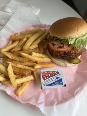 Fried chick’n sandwich with fries  at Lucky Lemon Bakery in Kokomo