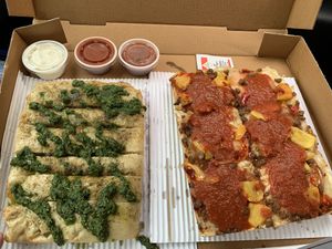 Big Sid With Vegan Ham & Pineapple Added and Vegan Breadsticks With Pesto at Quarantino's  in Grand Rapids