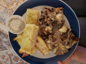creamy mushroom pizza, cheesy bread, and homemade ranch! at Quarantino's  in Grand Rapids