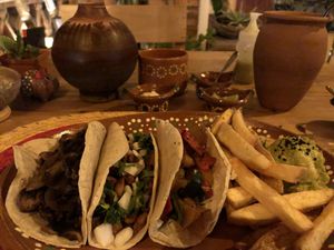 Tacos (mushroom, soy meat, grilled veg) and amazing fries   at La terraza 811 in Lo De Marcos