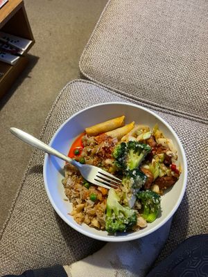 Vegan chicken fried rice / garlic broccoli and salt and pepper  vegan chicken  at Hong Kong Vegan in Wakefield