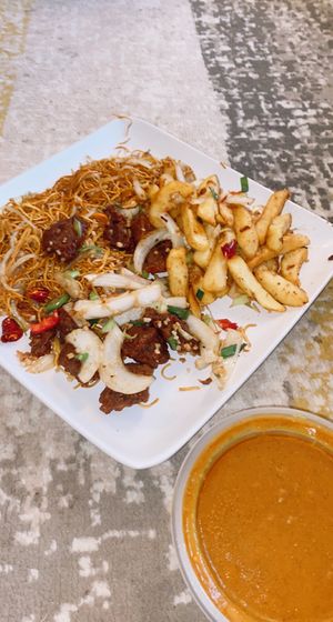 Salt and pepper lamb, salt and pepper chips, noodles  at Hong Kong Vegan in Wakefield