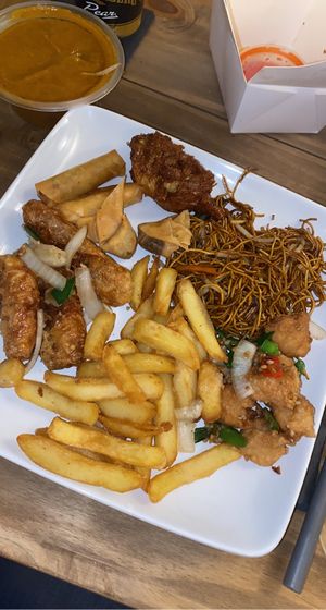 Salt and pepper chicken, salt and pepper chips, chicken drumsticks, chicken satay skewers, spring rolls, crispy wontons, salt and pepper prawns  at Hong Kong Vegan in Wakefield