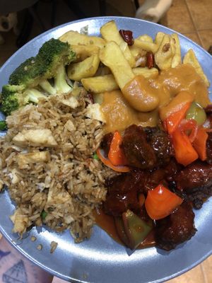 Chicken fried rice and the sweet and sour lamb are so good!   at Hong Kong Vegan in Wakefield