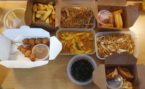 Curry sauce, chips, satay chicken skewers, Chow mein side, tofu satay, Crispy seaweed, spring rolls, chicken Chow mein, fried dumplings  at Hong Kong Vegan in Wakefield