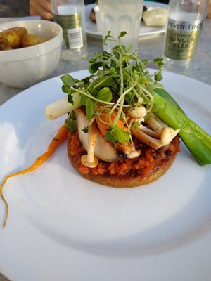 Vegan 'beef' with veggies and roasted potatoes at Kolvigs Gaard in Ribe