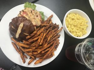 Impossible Burger with sweet potato fries and Mac ‘n cheese at Earth To Us in Raleigh