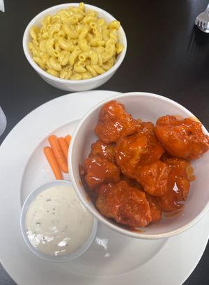 Cauliflower wings and mac and cheese  at Earth To Us in Raleigh