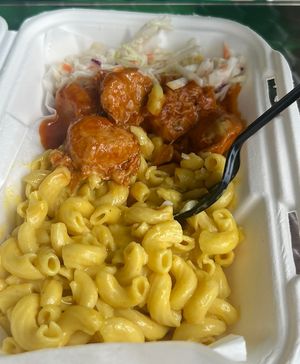 Mac and cheese with BBQ soy chicken  at Earth To Us in Raleigh