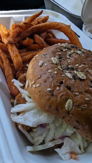 Bbq pulled tempeh sandwich with sweet potato fries at Earth To Us in Raleigh