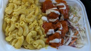 Mac and cheese with buffalo cauliflower wings and coleslaw at Earth To Us in Raleigh