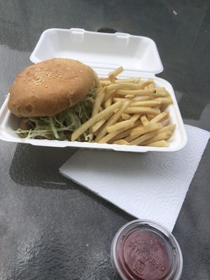 Pesto chicken sandwich with fries at The Trashy Vegan in Asheville