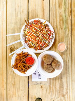 Burger loaded fries, fries, and Mac & cheese balls at The Trashy Vegan in Asheville