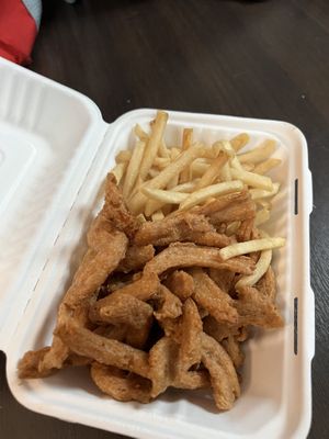 Beige Plate Side (Fried Soy Curls & Fries) with That Day’s Special Vegan Honey Mustard  at The Trashy Vegan in Asheville