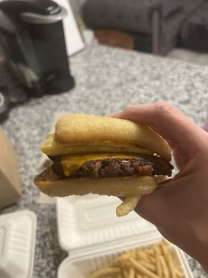 Donut Burger (with a McDonald’s-Like Fry in the Pic 😉)  at The Trashy Vegan in Asheville