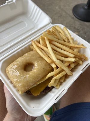 Donut Burger with a Side of Fries  at The Trashy Vegan in Asheville