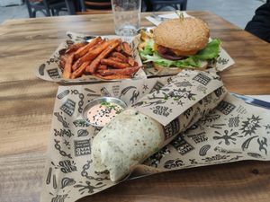 Toronto wraptor, double cheese vacon and sweet potato fries.  at Mad Mad Vegan - Lavapiés in Madrid