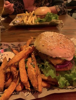 Cheese burger and fried “chicken” burgers   at Mad Mad Vegan - Lavapiés in Madrid