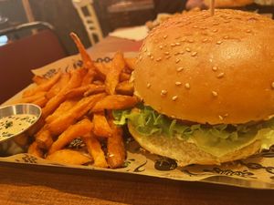 Rock n’chicken and sweet potato fries  at Mad Mad Vegan - Lavapiés in Madrid