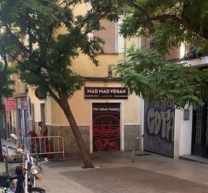 From outside, it was closed, but they have tables out when it's open. at Mad Mad Vegan - Lavapiés in Madrid