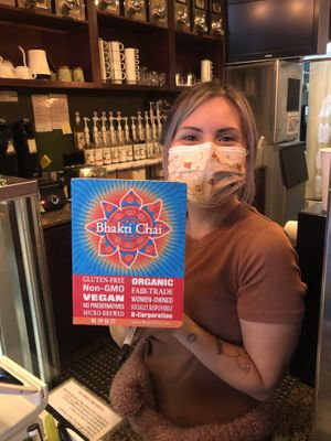 Bright and Awesome owner Tara showing off the Awesomeness of the Chai they partner with!  at Zizzo's Coffeehouse & Wine Bar in Capitola