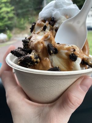 Vegan vanilla with PB, Oreos and coconut whipped cream!   at J&D Cree Mee Freeze in Catawissa