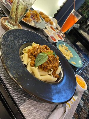 Bolognese, Apple soda and grapefruit soda    at Veganecessity Cafe in Phuket