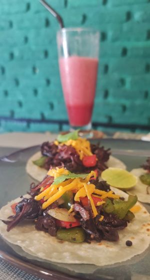 Tacos with hibiscus flower "meat" at Veganecessity Cafe in Phuket