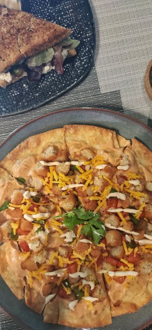 Taco Pizza with "chicken", hummus and "cheese". Sooo good! at Veganecessity Cafe in Phuket