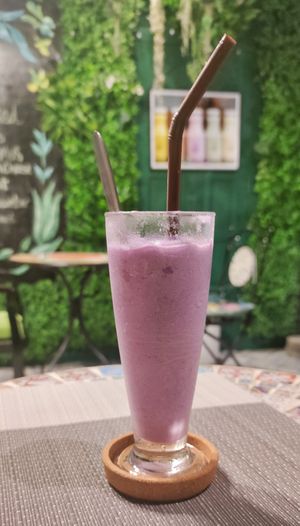 Special purple sweet potato coconut cream shake at Veganecessity Cafe in Phuket
