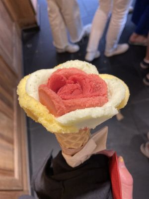 raspberry, strawberry, passion fruit, lime basilic at Amorino in Pamplona