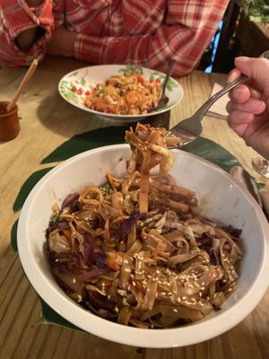 Hong Kong noodles, a big portion (I ate every bit as it was so delicious) lots of fresh veg and fab flavours) the chilli sauce on the side was homemade (I think) and perfect too.   at The Green House in Santiago De Compostela