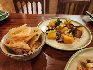 Fried lotus roots. Fried tofu in lotus seed paste at Sente the Flavour of Lotus in Hanoi