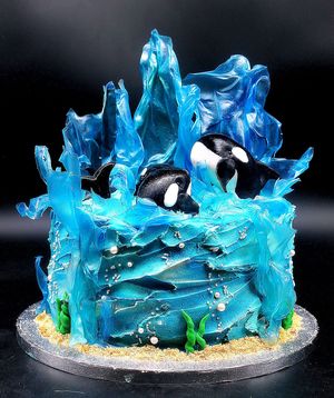 Chocolate Ocean Themed Cake with handmade orcas at Rabbit Vegan Cakes in Exeter