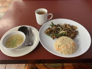 Cabbage-Carrot Soup, Crispy Tofu Stirfry, Rice and Jasmine Tea at Dragon Thai & Vegetarian Cuisine in Denison