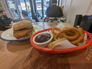 Chicken burger and onion rings at Mr Burger in Hobart