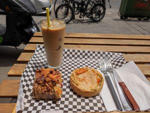 Coffee, quiche and cake 64 shekels at Simonchu Cakes in Tel Aviv