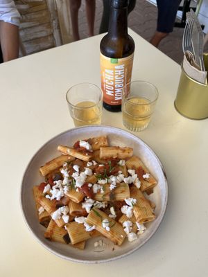 pasta with vegan feta and kombucha  at Maâbanana in Moliets