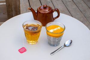 An awesome chia pudding topped with mango and coconut. :). So tasty.

And a light tea to relax and enjoy the weather. at Maâbanana in Moliets