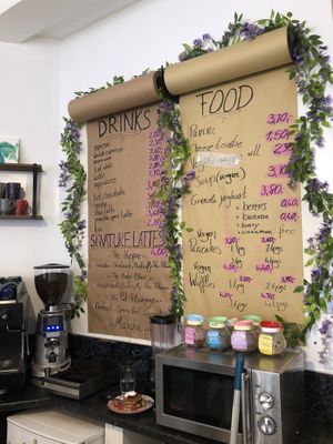 Food and drinks choices  at Love Peace & Coffee in Edinburgh