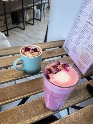 Pink flamingo and white hot choc   at Love Peace & Coffee in Edinburgh