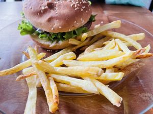 The burger with fries   at Rinconcito Vegano in Boquete