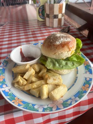 Vegan burger and yuca fries $5 at Rinconcito Vegano in Boquete