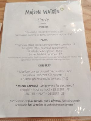 Menu at Maison Watson in Angers